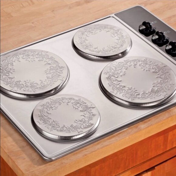 Burner Stove Covers Ivy Embossed Silver Round 4 Piece Set - Picture 3 of 7